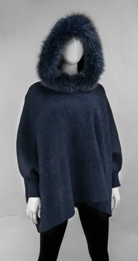 Mitchie's | Knitted Poncho with Fox Fur Trimmed Hood