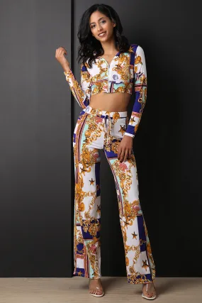 Mixed Print Zip-Up Crop Top With Flared Pants Set