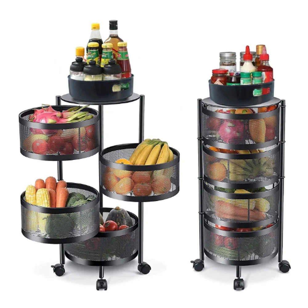 (Net) 5 Layer Round Basket Kitchen Rotating Storage Rack Storage Rack Fruit Vegetables Metal Storage Cages With Wheels Cart