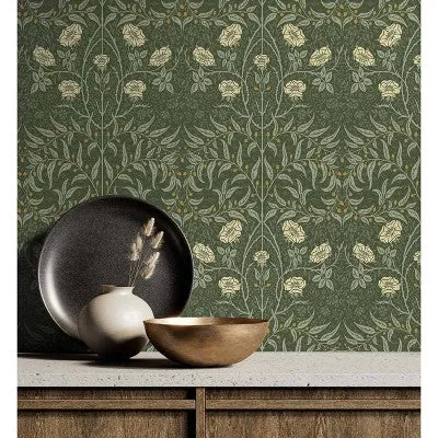 NextWall Stenciled Floral Peel and Stick Wallpaper Green