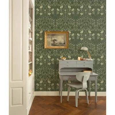 NextWall Stenciled Floral Peel and Stick Wallpaper Green