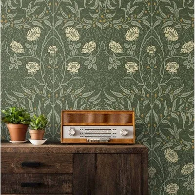 NextWall Stenciled Floral Peel and Stick Wallpaper Green