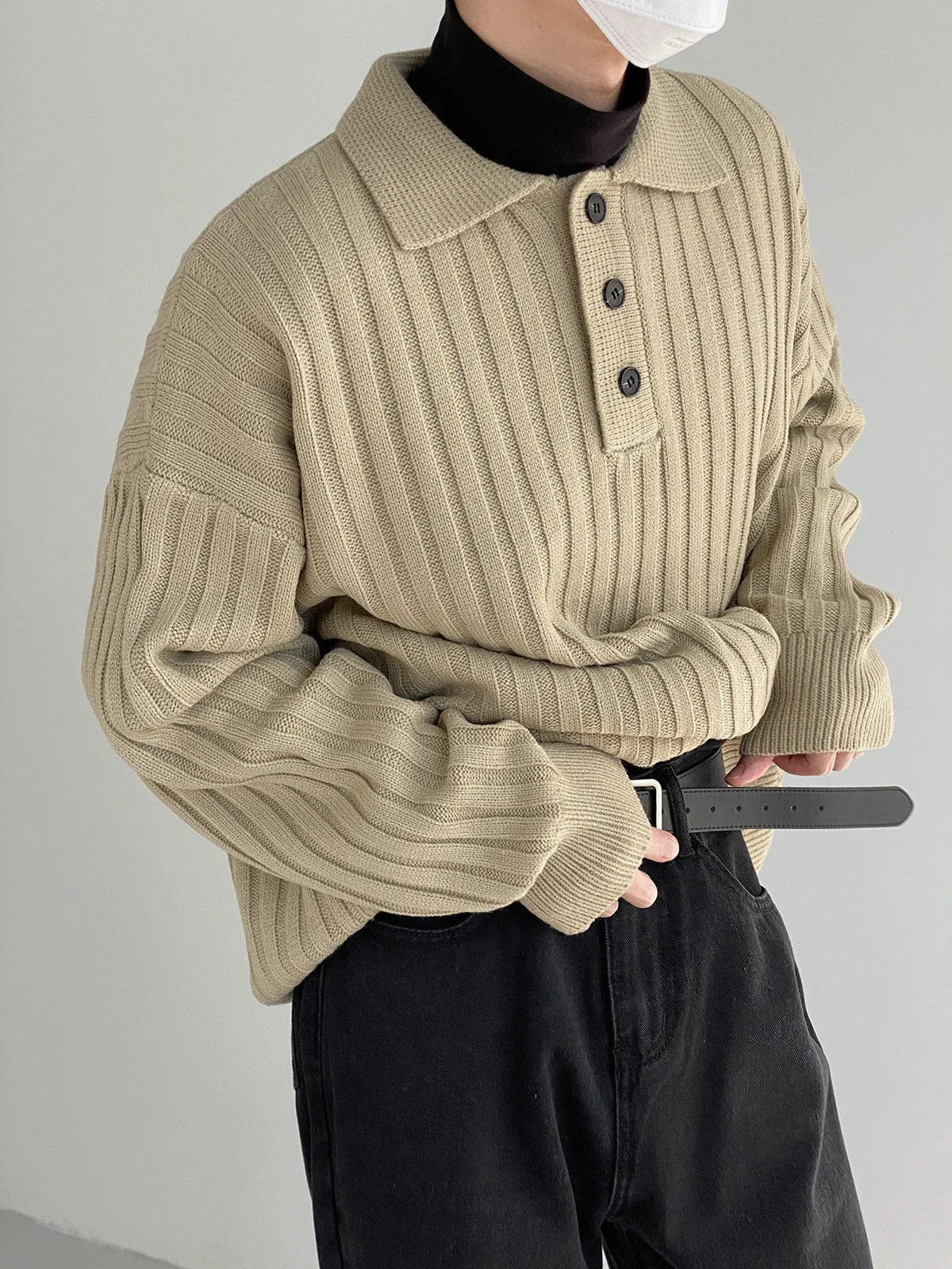 Nukty-shop men fall outfits casual Polo Collar Sweater Men's Loose Casual Lapel Pit Striped Sweater Autumn and Winter New Korean Style Trendy Sweater