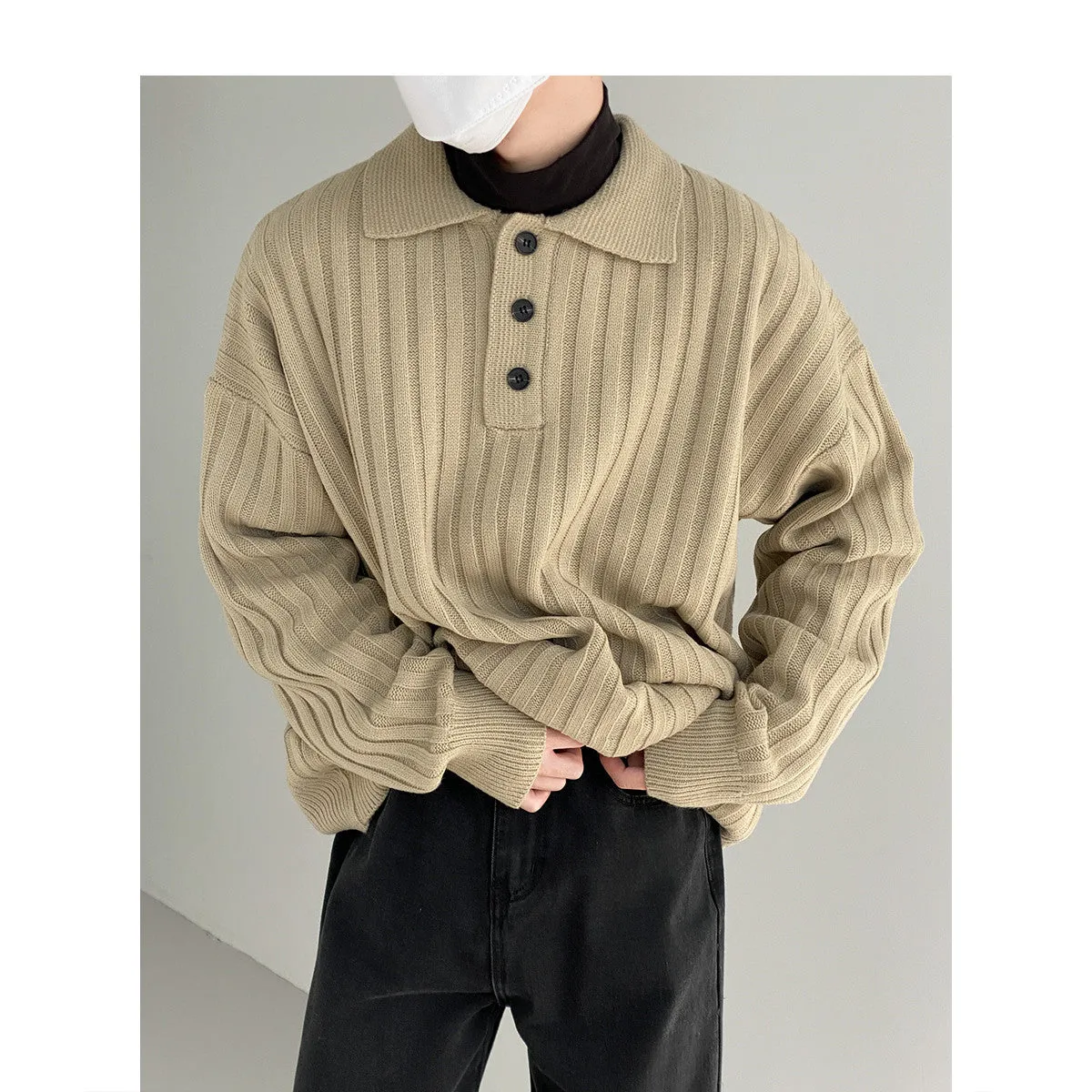 Nukty-shop men fall outfits casual Polo Collar Sweater Men's Loose Casual Lapel Pit Striped Sweater Autumn and Winter New Korean Style Trendy Sweater