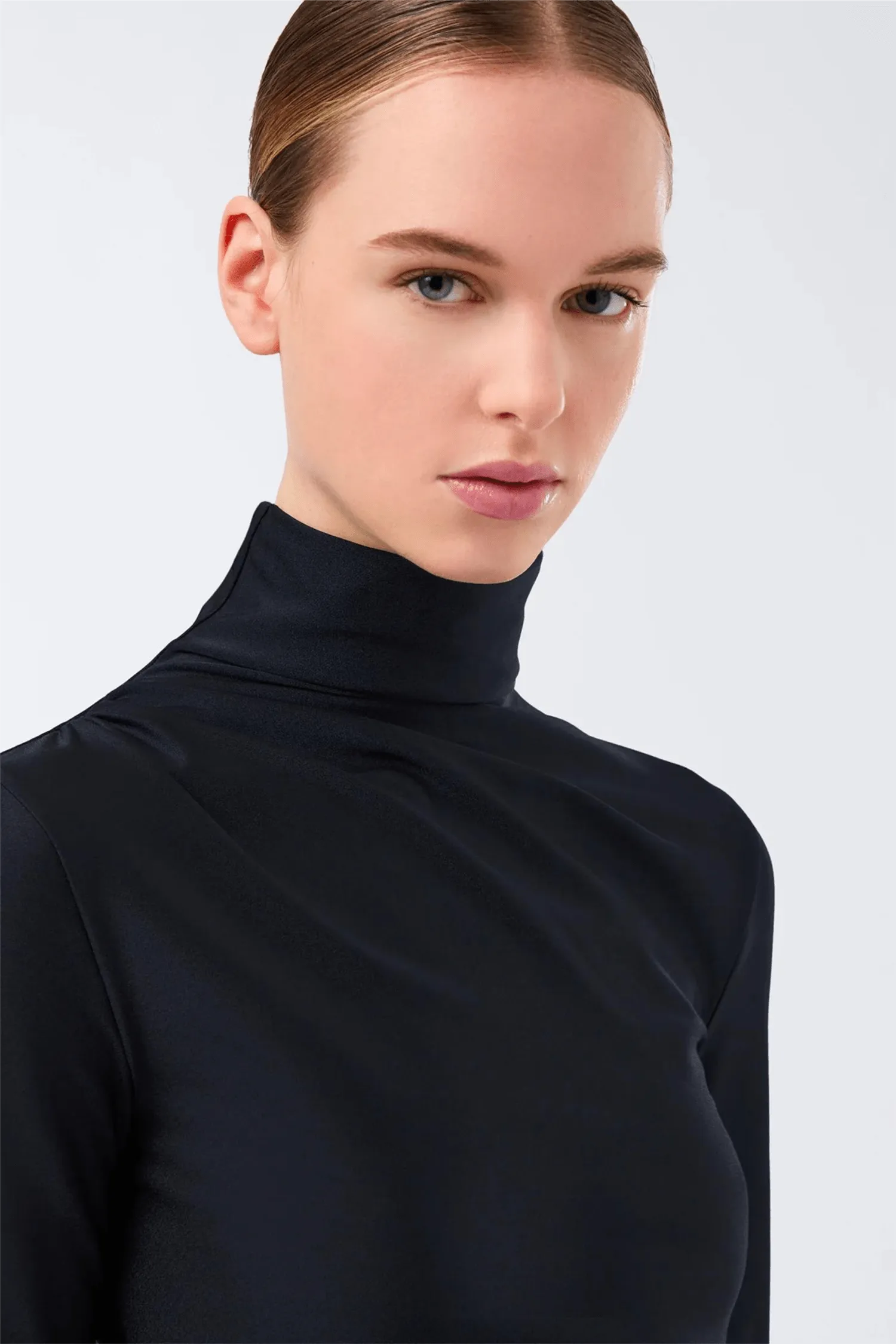 Oleandra Turtleneck Draped Mini Dress Black