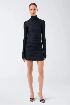 Oleandra Turtleneck Draped Mini Dress Black