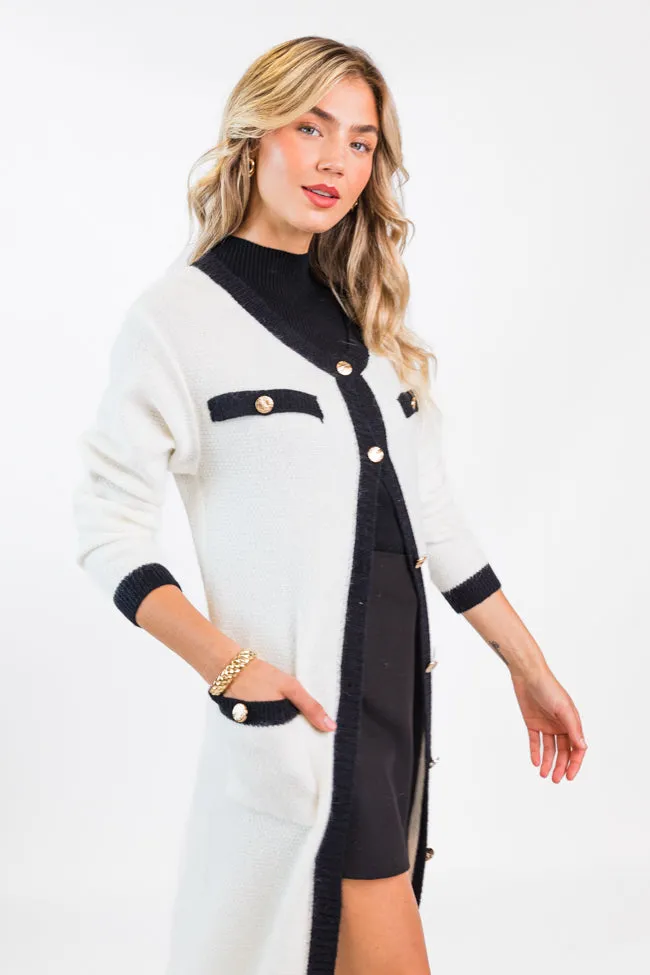 On Your Time Ivory and Black Long Button Front Cardigan FINAL SALE