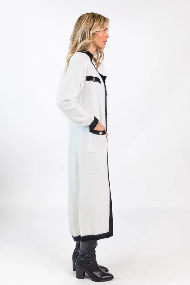 On Your Time Ivory and Black Long Button Front Cardigan FINAL SALE