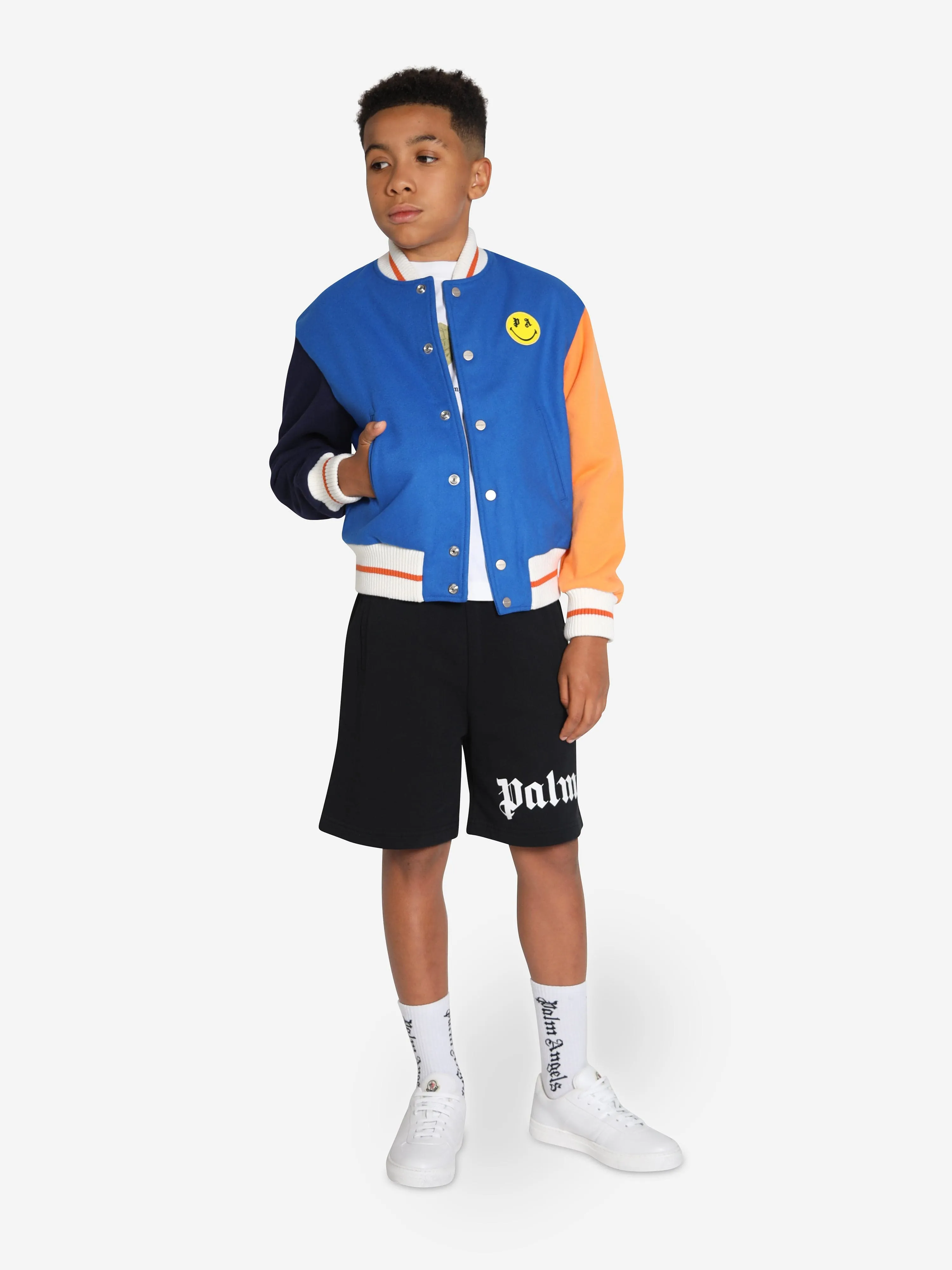 Palm Angels Boys Smiley Bear Varsity Jacket in Blue