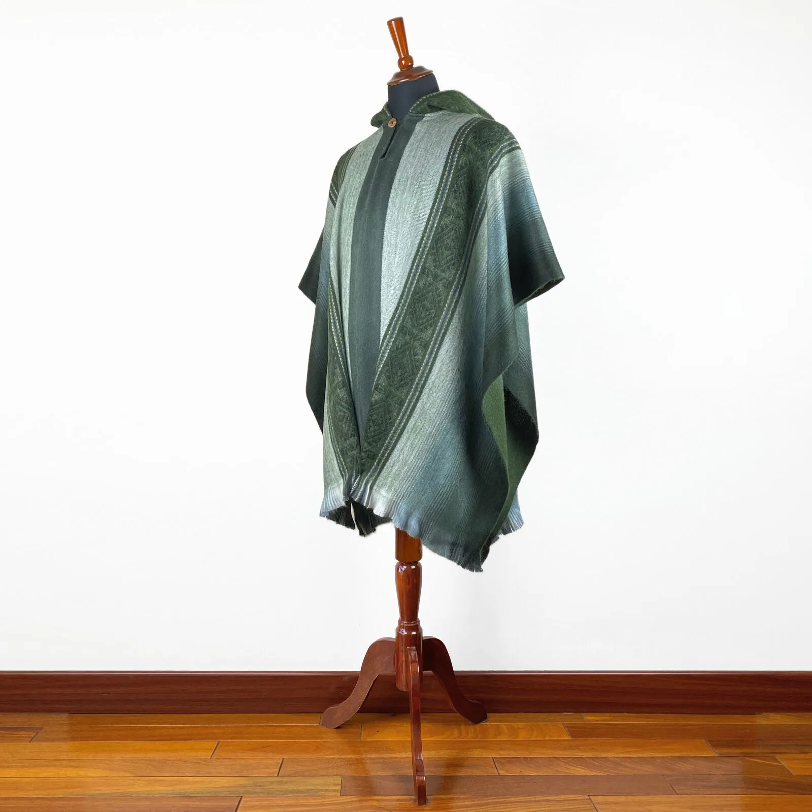 Pichan - Baby Alpaca Hooded Poncho - Dark Green With Diamonds Pattern - Unisex