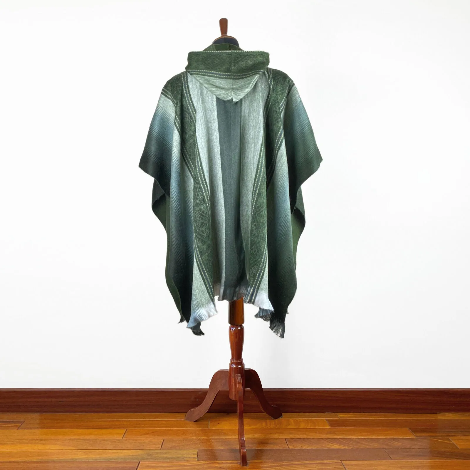 Pichan - Baby Alpaca Hooded Poncho - Dark Green With Diamonds Pattern - Unisex