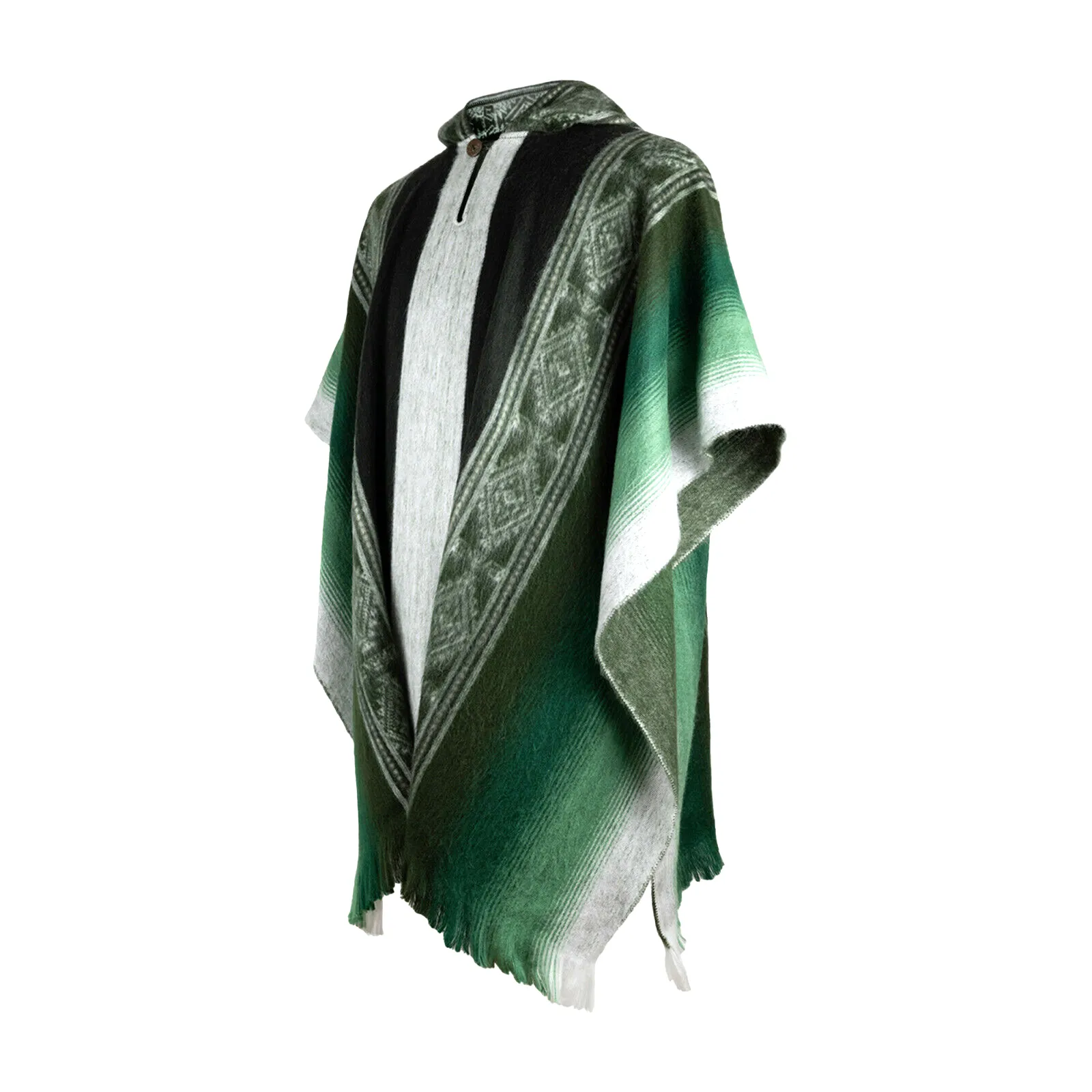 Pichan - Baby Alpaca Hooded Poncho - Dark Green With Diamonds Pattern - Unisex