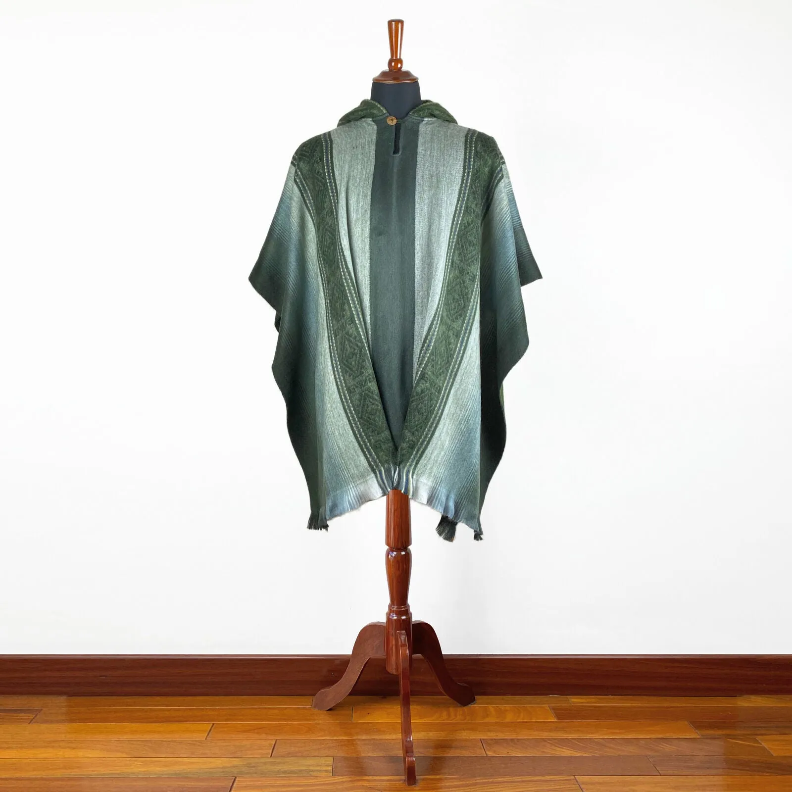 Pichan - Baby Alpaca Hooded Poncho - Dark Green With Diamonds Pattern - Unisex