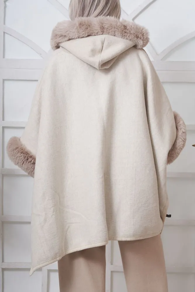 Plain Trim Faux Fur Hooded Poncho