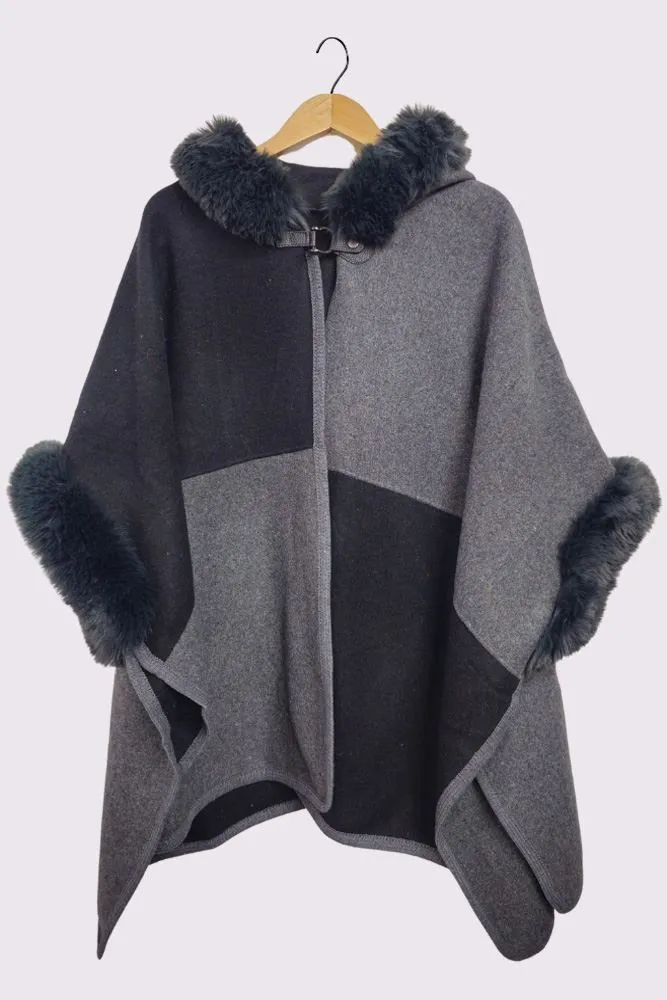 Plain Trim Faux Fur Hooded Poncho