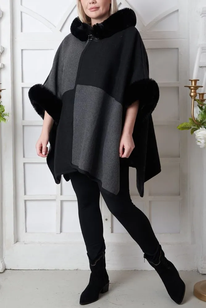 Plain Trim Faux Fur Hooded Poncho