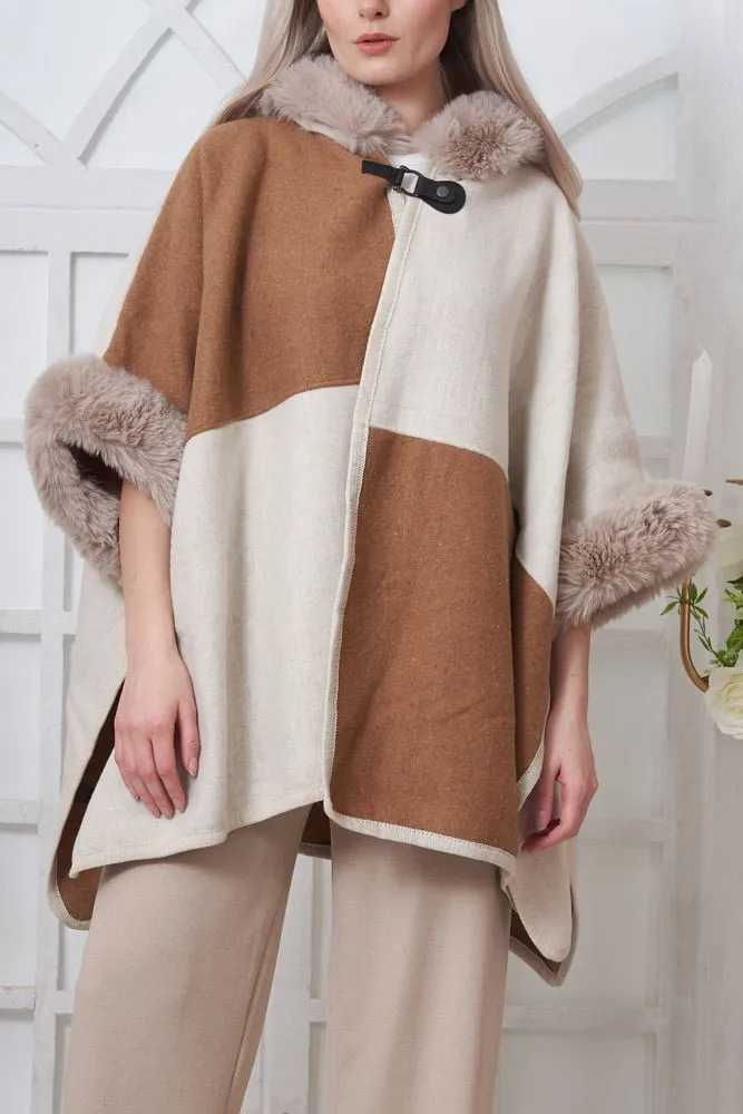 Plain Trim Faux Fur Hooded Poncho