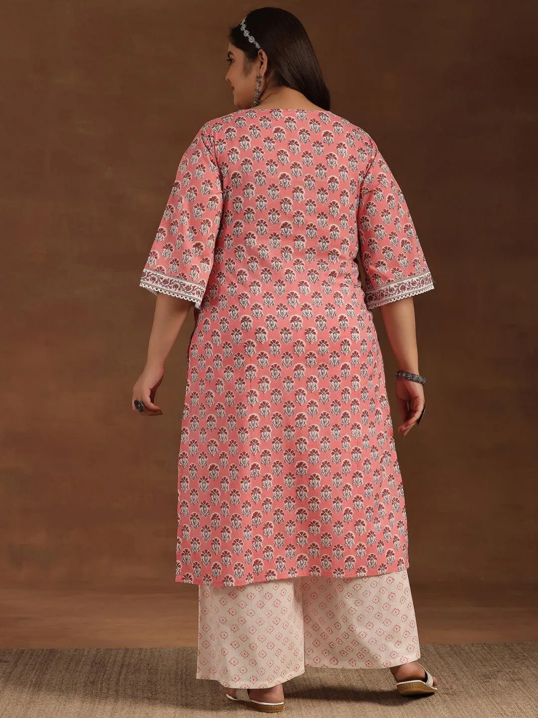 Plus Size Peach Printed Cotton Straight Kurta Set