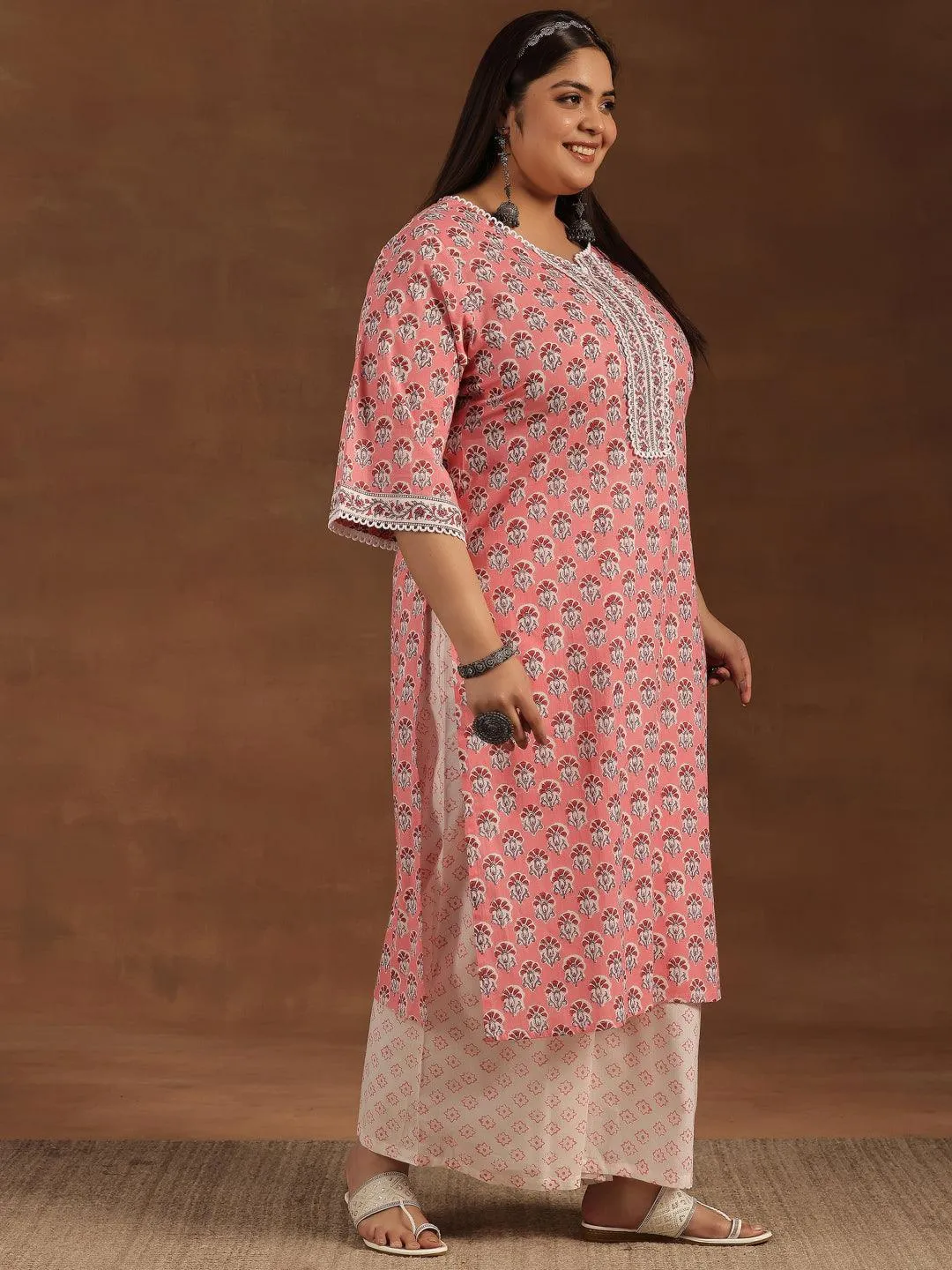 Plus Size Peach Printed Cotton Straight Kurta Set