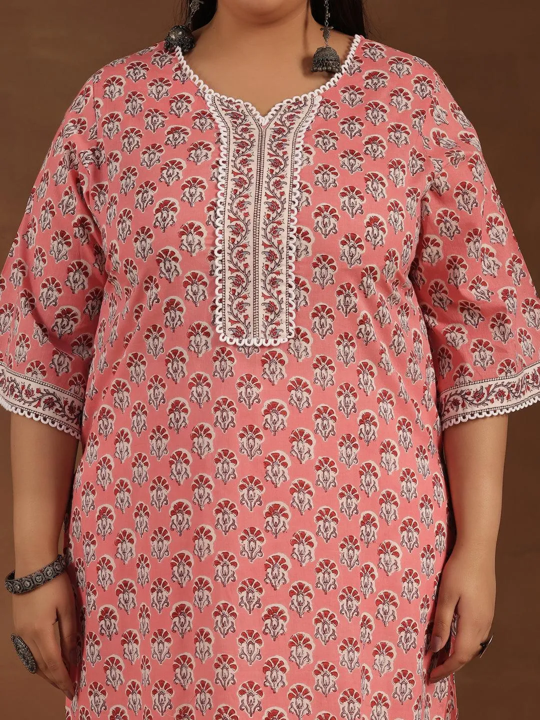 Plus Size Peach Printed Cotton Straight Kurta Set