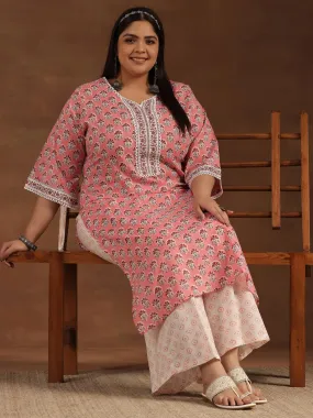 Plus Size Peach Printed Cotton Straight Kurta Set