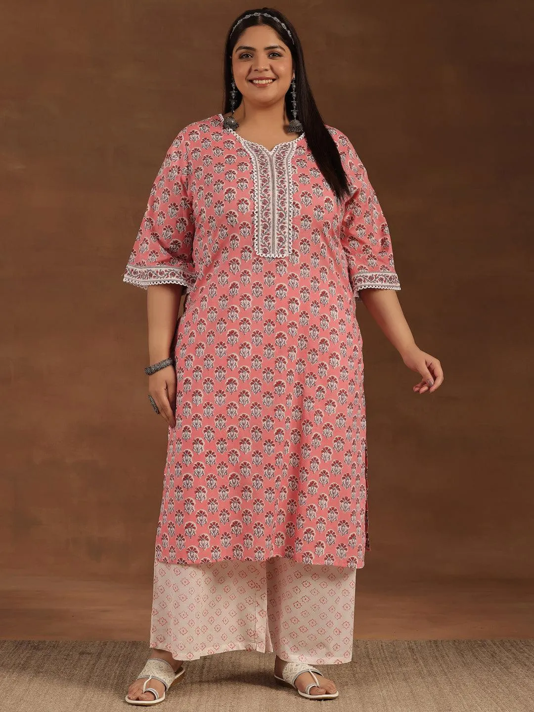 Plus Size Peach Printed Cotton Straight Kurta Set