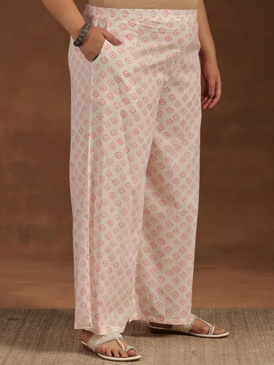 Plus Size Peach Printed Cotton Straight Kurta Set