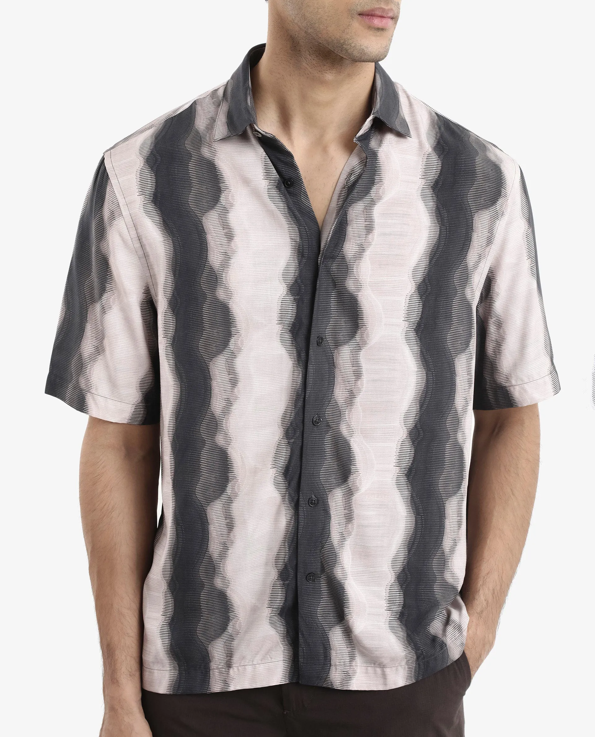 Rare Rabbit Men's Covel Black Viscose Fabric Regular Collar Half Sleeves Abstract Stripe Print Shirt