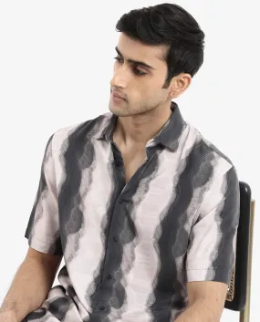 Rare Rabbit Men's Covel Black Viscose Fabric Regular Collar Half Sleeves Abstract Stripe Print Shirt