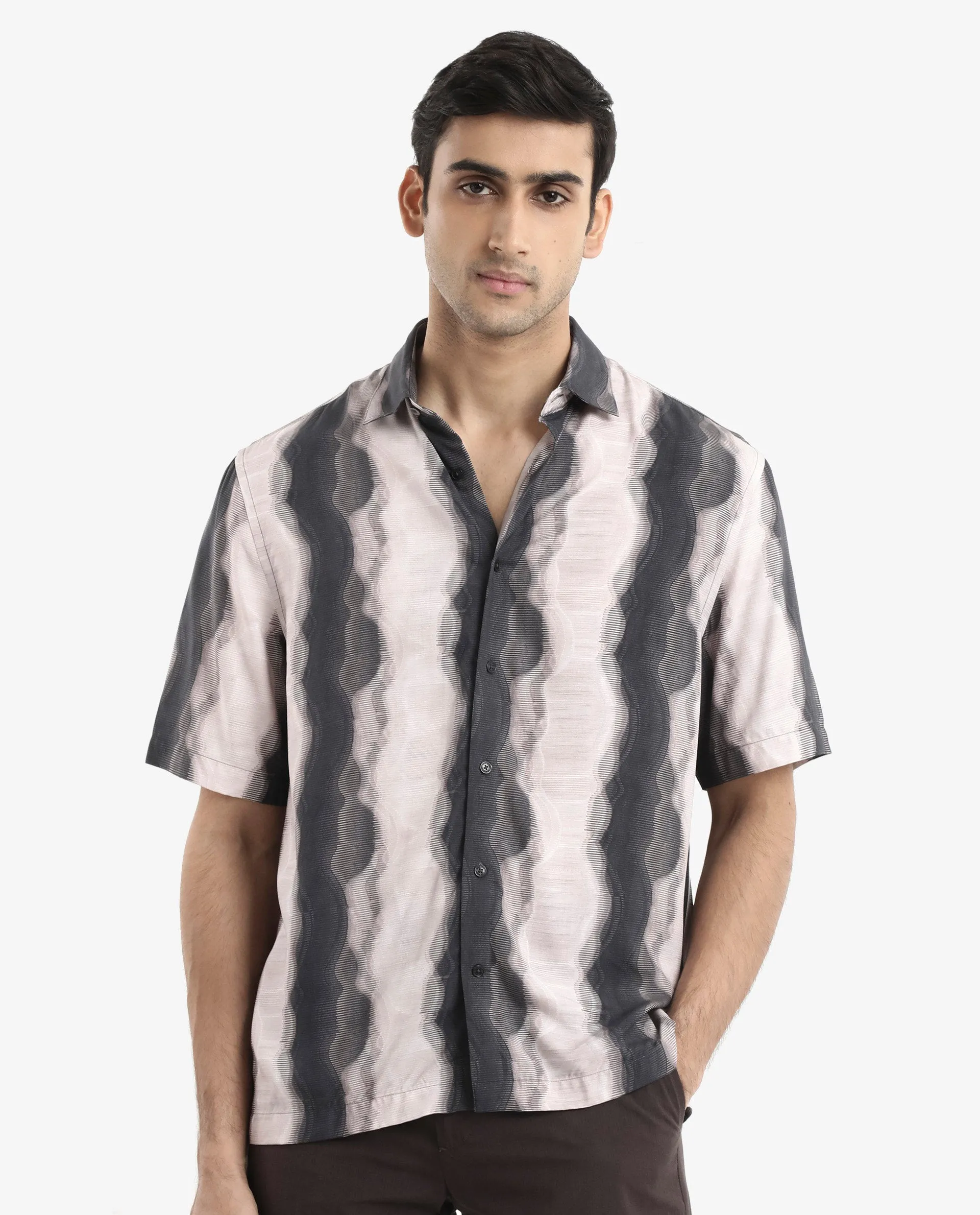 Rare Rabbit Men's Covel Black Viscose Fabric Regular Collar Half Sleeves Abstract Stripe Print Shirt