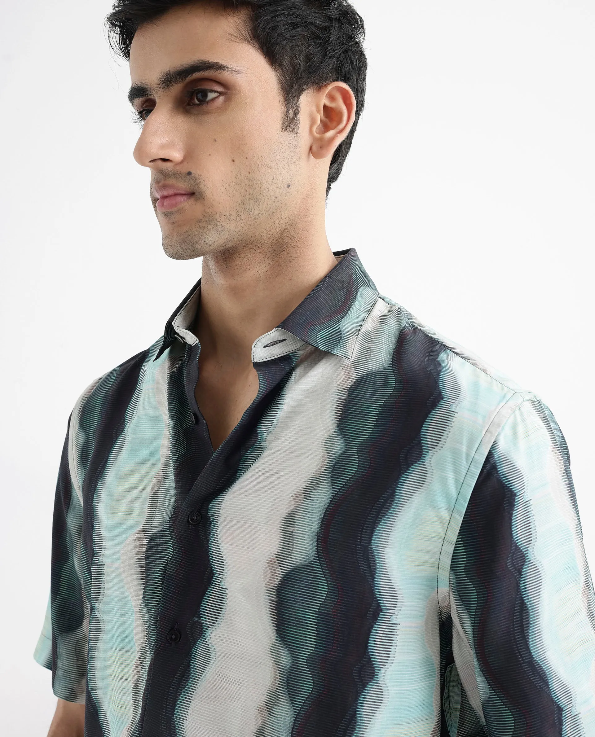 Rare Rabbit Men's Covel Dark Turq Viscose Fabric Regular Collar Half Sleeves Abstract Stripe Print Shirt