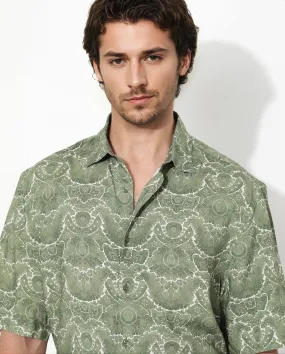 Rare Rabbit Men's Picano Dusky Green Viscose Fabric Short Sleeve Abstract Floral Print Shirt