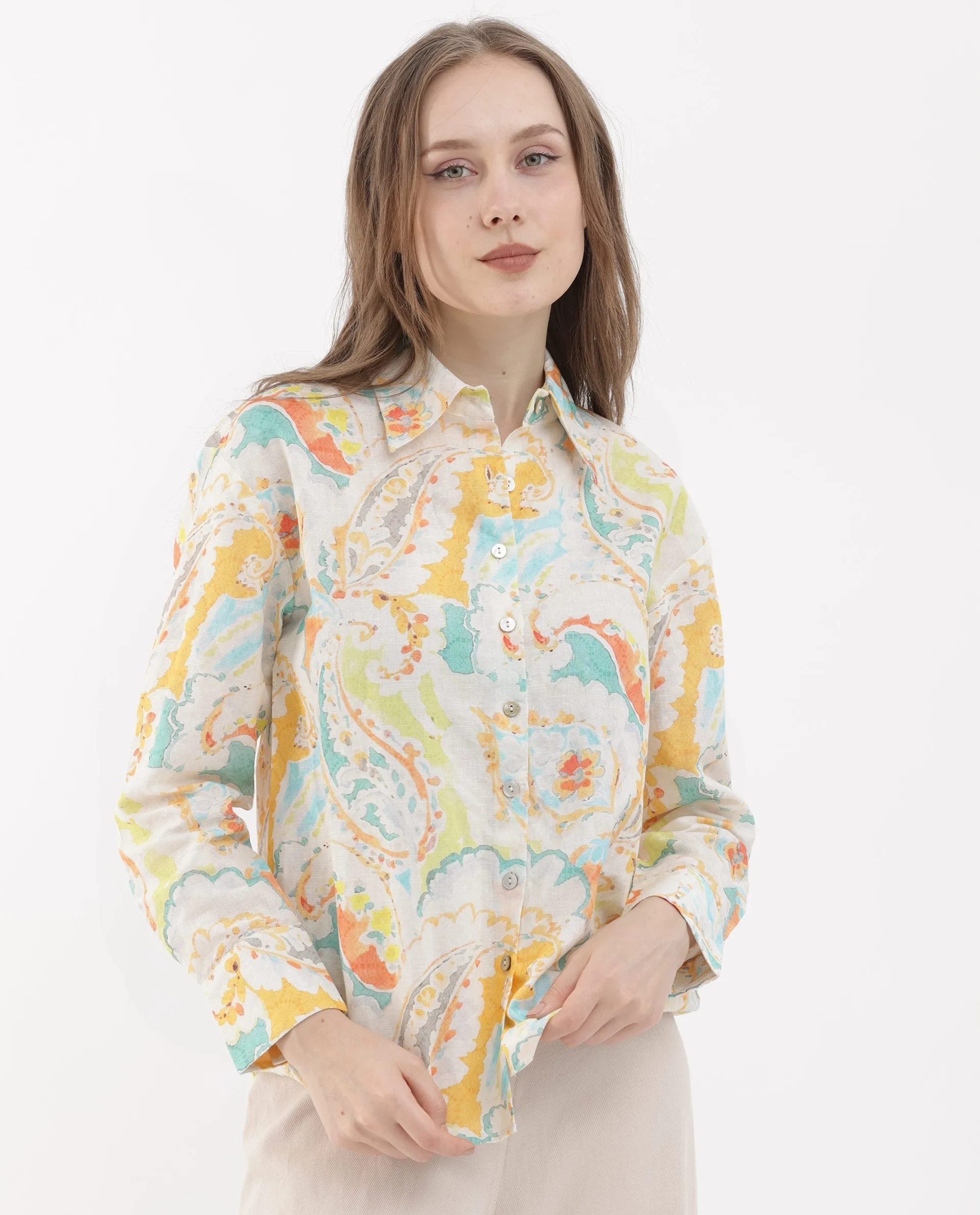 Rareism Women Egor Fluorescent Multi Cotton Fabric Full Sleeves Button Closure Collar Regular Fit Paisley Print Shirt