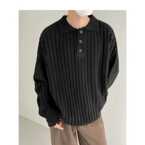 Riolio men fall outfits casual Polo Collar Sweater Men's Loose Casual Lapel Pit Striped Sweater Autumn and Winter New Korean Style Trendy Sweater