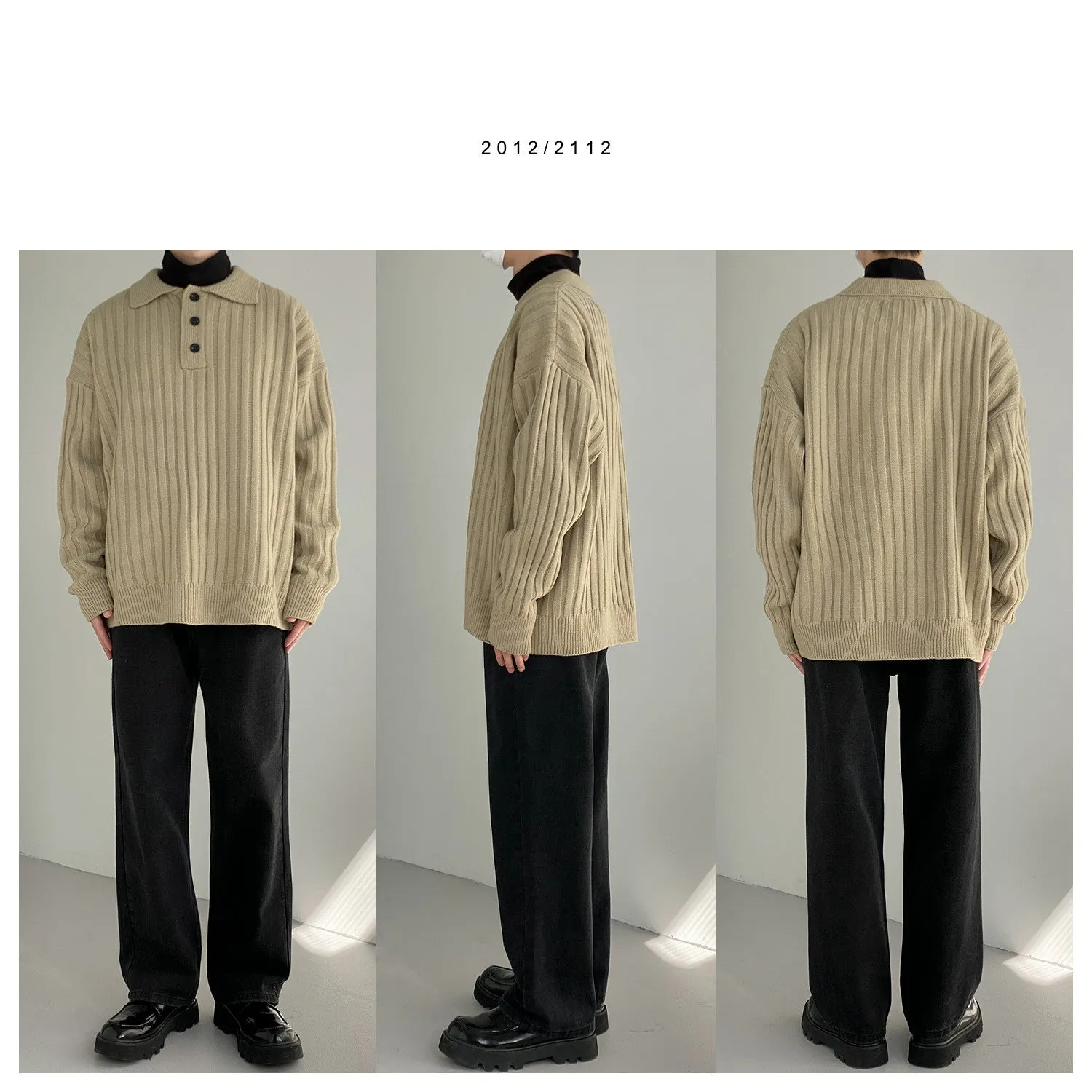 Riolio men fall outfits casual Polo Collar Sweater Men's Loose Casual Lapel Pit Striped Sweater Autumn and Winter New Korean Style Trendy Sweater