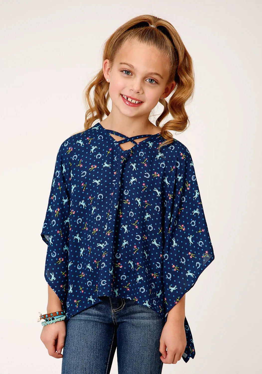 Roper Girls Blue Rayon/Nylon Horse Print V-Neck Poncho