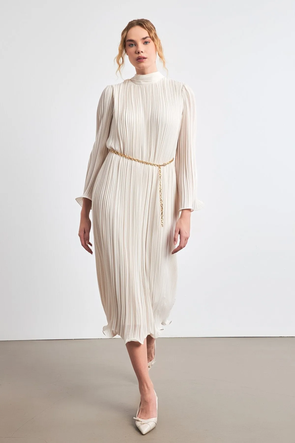 Setre Belt Detailed Pleated Dress Stone