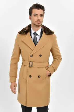 Slim Fit Cachet Double Breasted Camel Wool Blend Overcoat