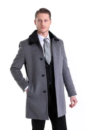 Slim Fit Cachet Flat Collar Gray Wool Blend Overcoat