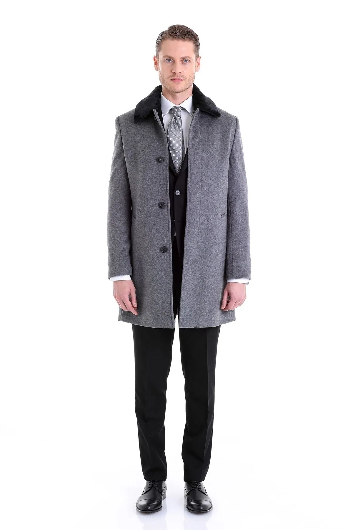 Slim Fit Cachet Flat Collar Gray Wool Blend Overcoat