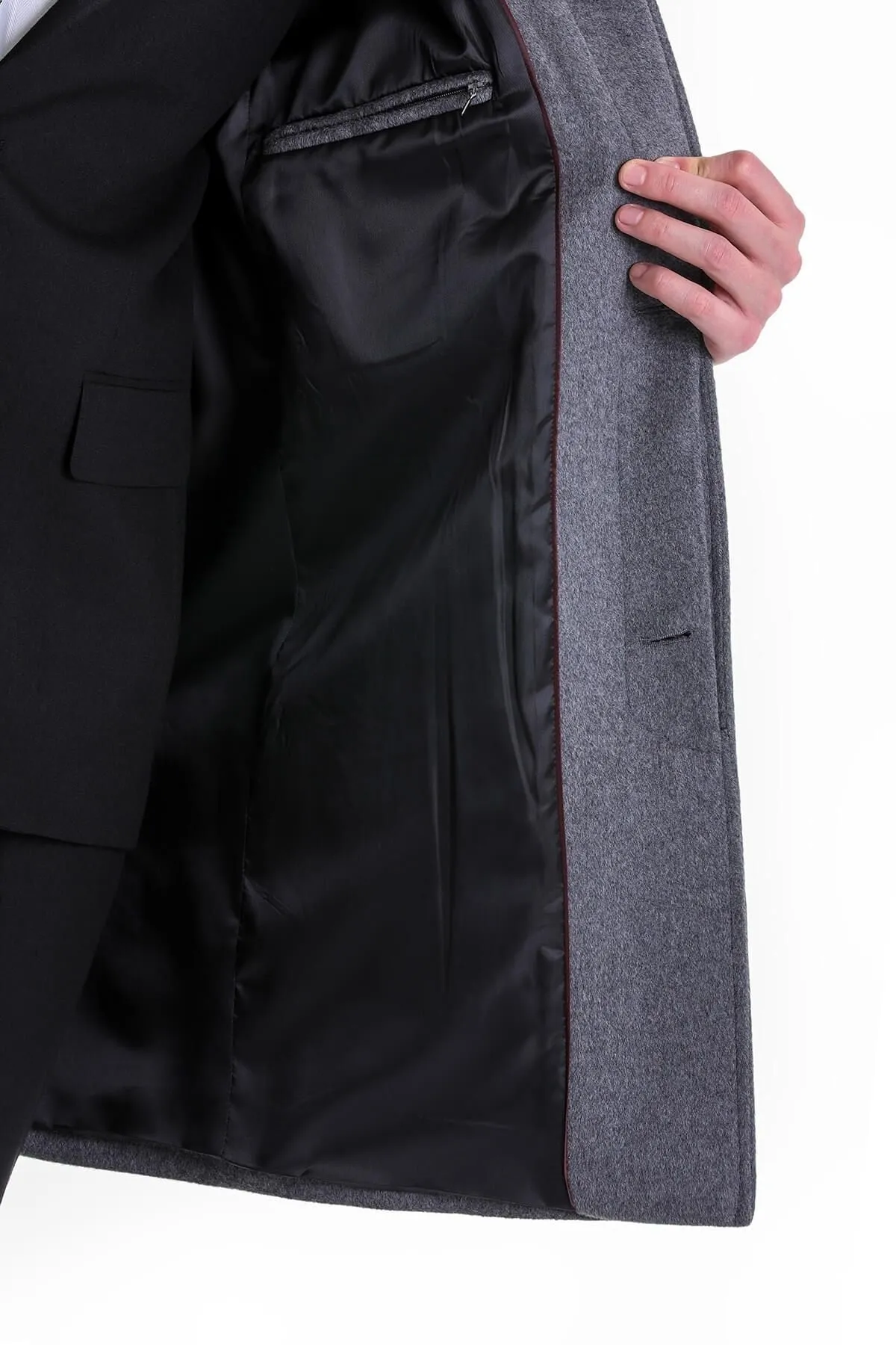 Slim Fit Cachet Flat Collar Gray Wool Blend Overcoat