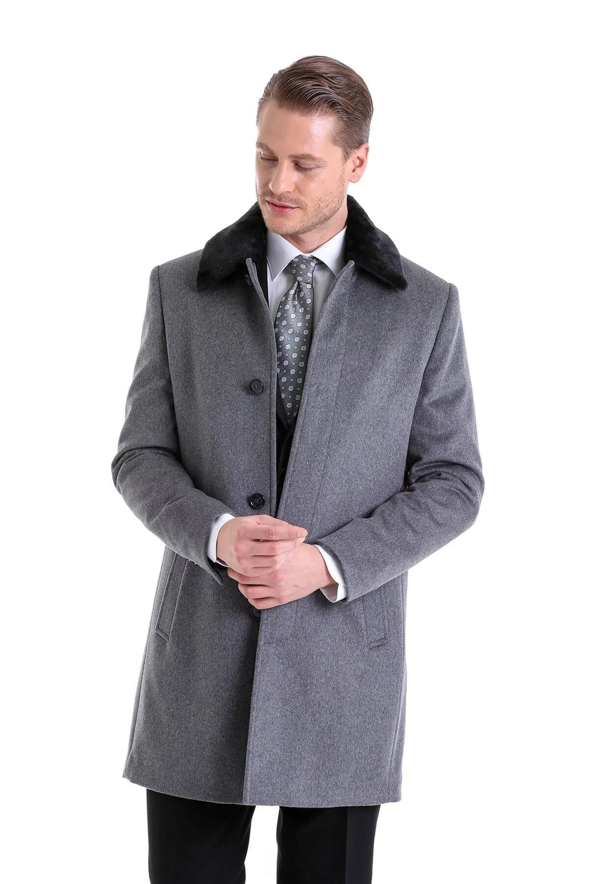 Slim Fit Cachet Flat Collar Gray Wool Blend Overcoat