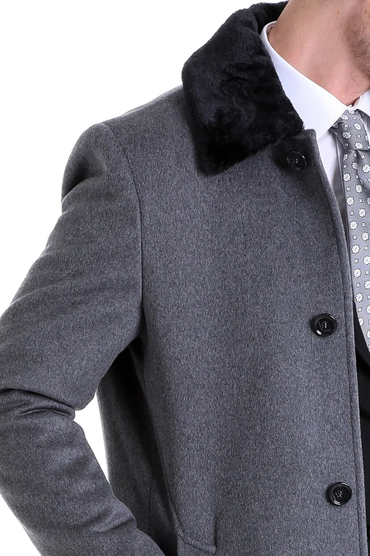 Slim Fit Cachet Flat Collar Gray Wool Blend Overcoat