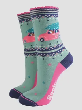 Sock Talk Bamboo Socks Green/Pink, Christmas Hedgehog Car