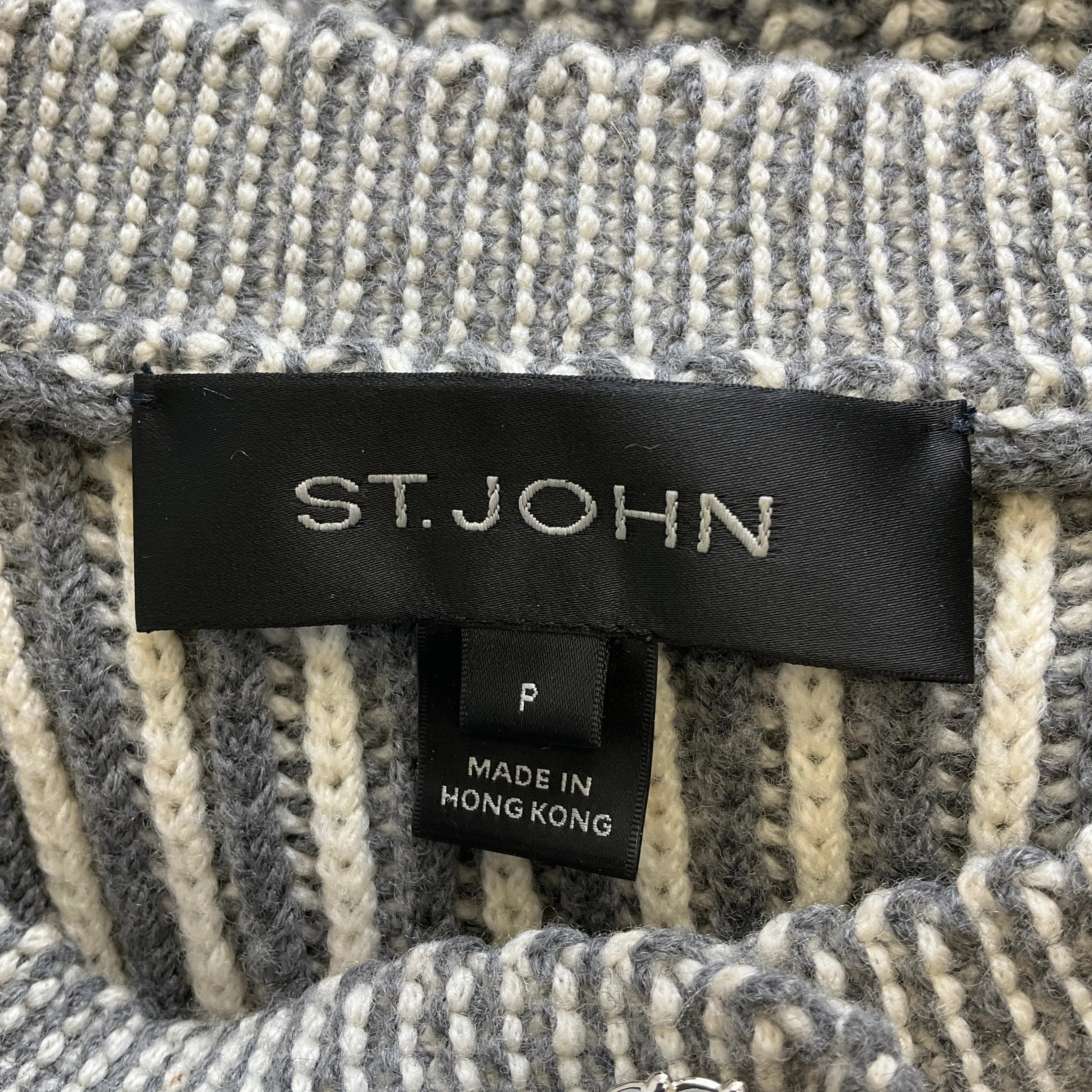 St. John Grey / Ivory Wool Knit Cardigan Sweater