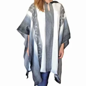 Tabacundo - Lightweight Baby Alpaca Hooded Poncho - White/Gray - Unisex