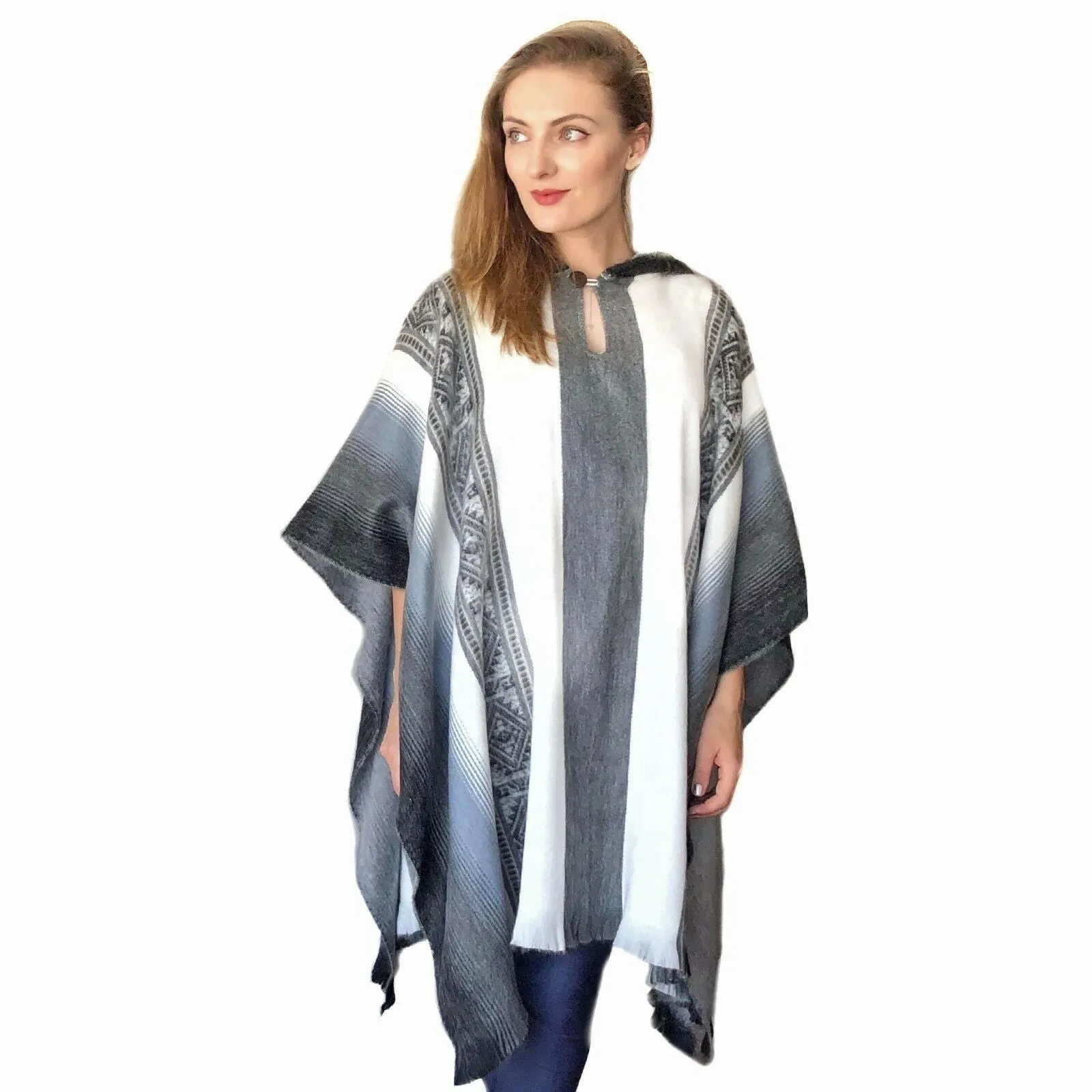 Tabacundo - Lightweight Baby Alpaca Hooded Poncho - White/Gray - Unisex