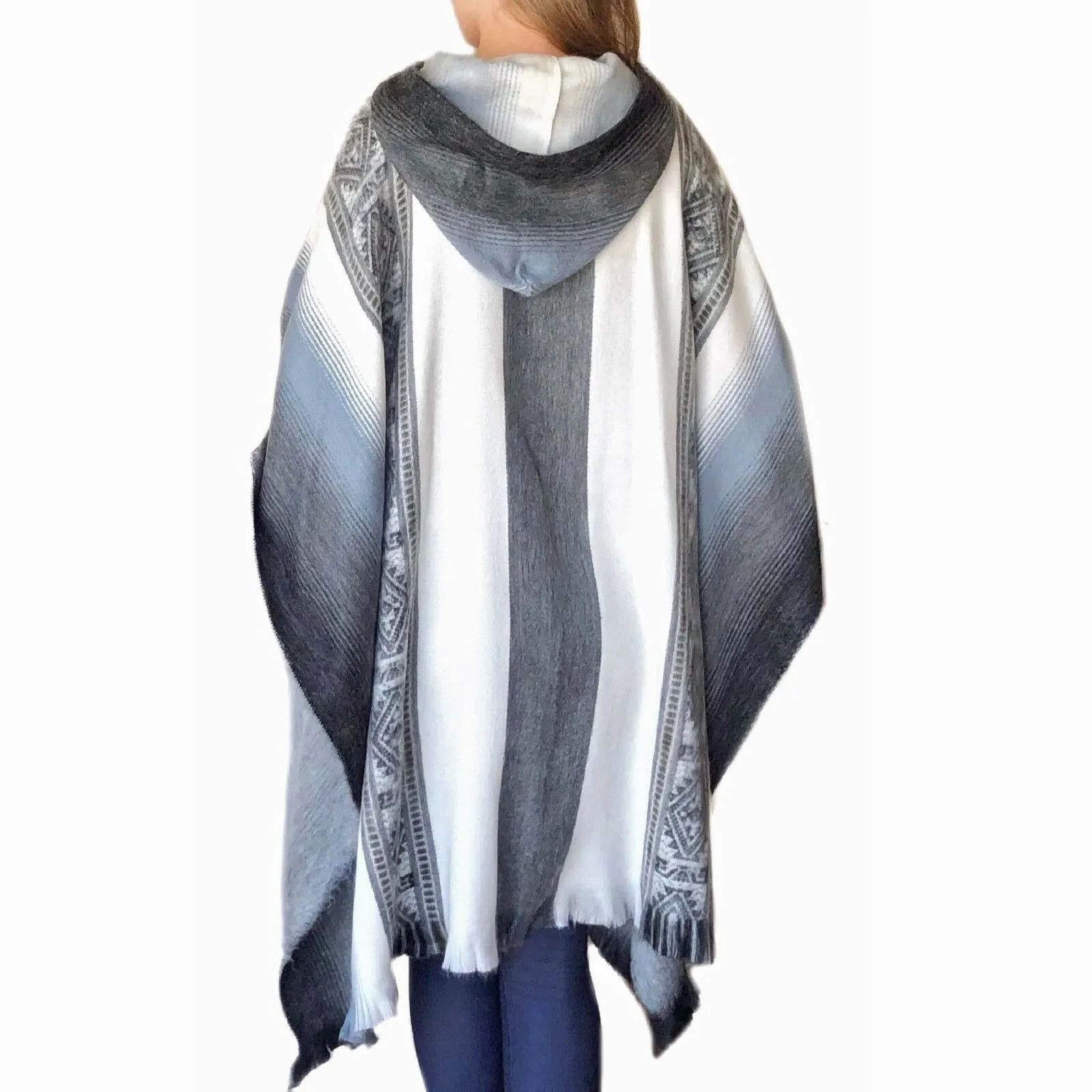 Tabacundo - Lightweight Baby Alpaca Hooded Poncho - White/Gray - Unisex