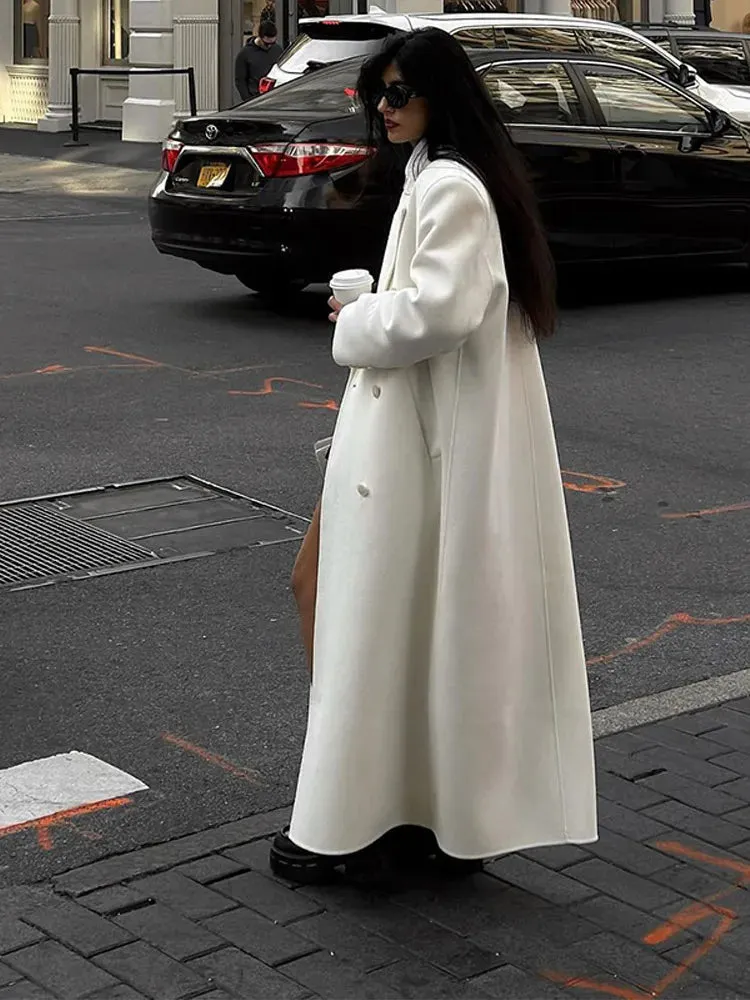 TAVIMART  -  Fashion Oversize Lapel Extra Long Woolen Overcoat Women's Double Breasted Solid Cropped Overgarment Lady Commute Streetwear