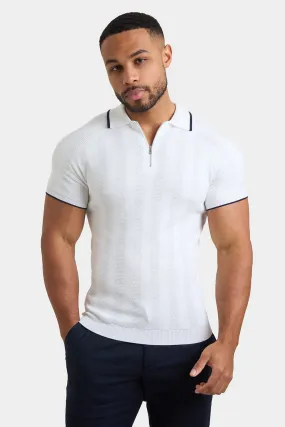 Textured Rib Zip Neck Knit Polo in Off White